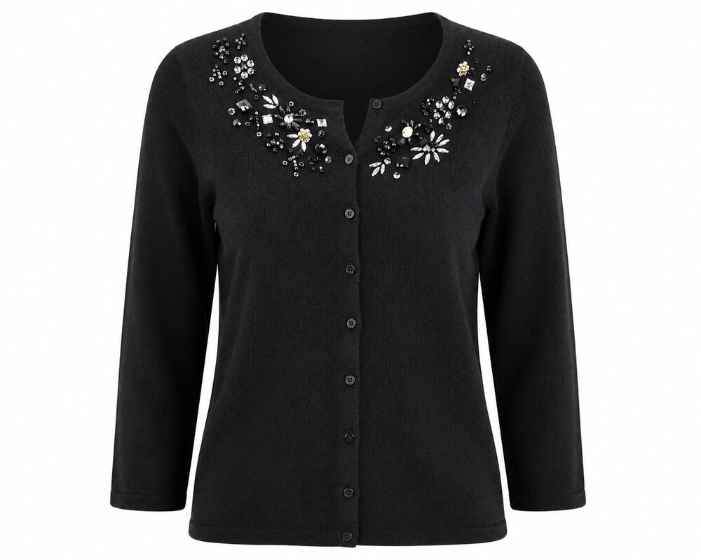 Classic Embellished Beaded Lambswool Blend Cardigan Garnet Hill Black Size M